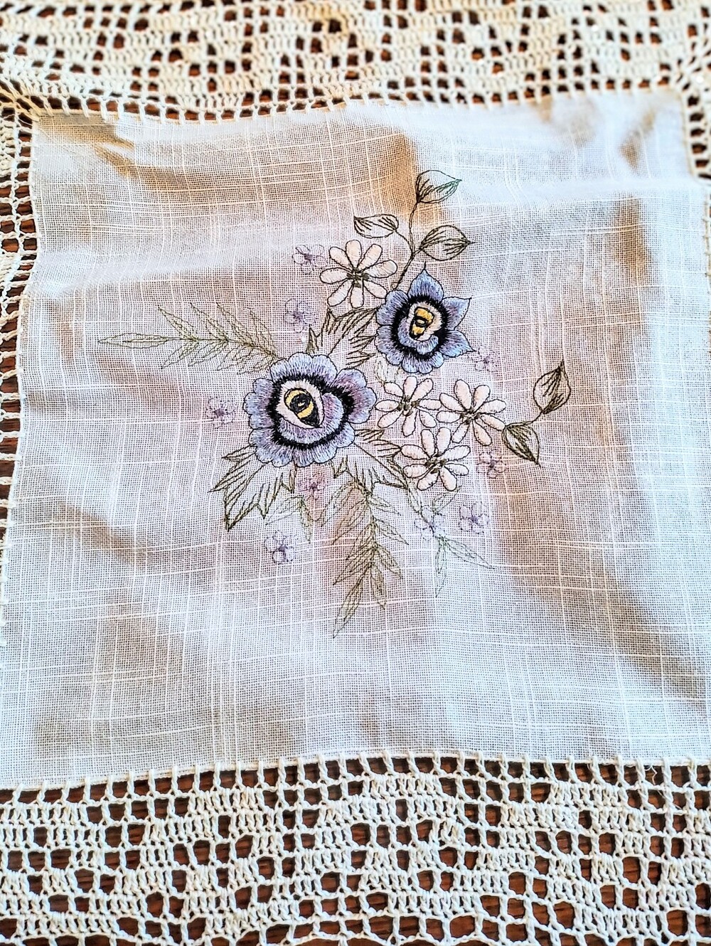 Embroidered & Lace Table Linen Square Floral White Blue